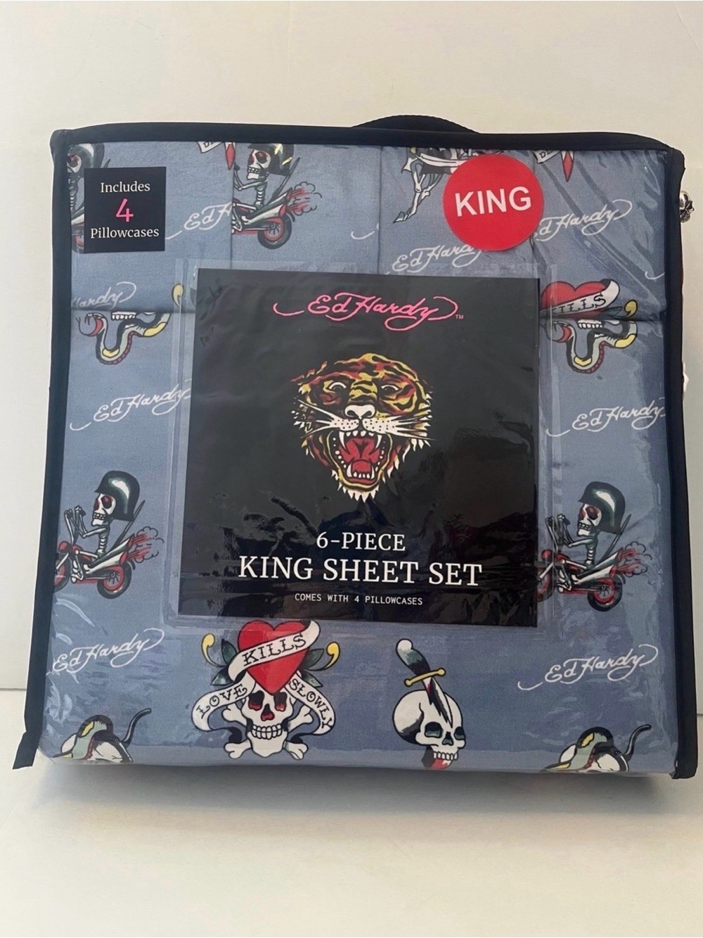 Ed Hardy Blue 6 Piece King Size Sheet Set Motorcycles Skulls Love Kills Slowly